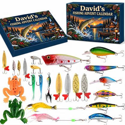 Sunset Fishing Advent Calendar, Personalized Leaping Fish on a Navy Winter Lake, Unique Christmas Gift for Anglers