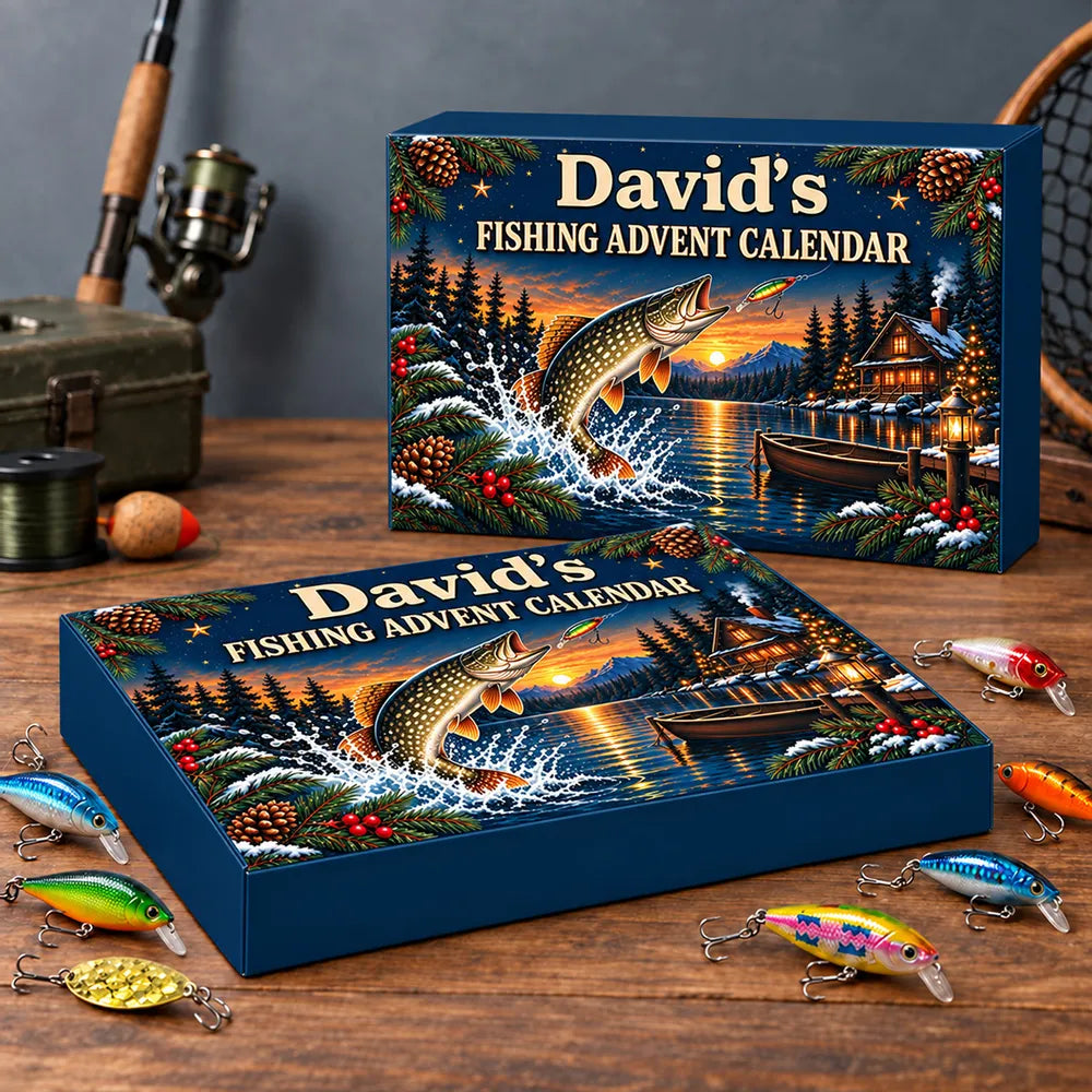 Sunset Fishing Advent Calendar, Personalized Leaping Fish on a Navy Winter Lake, Unique Christmas Gift for Anglers