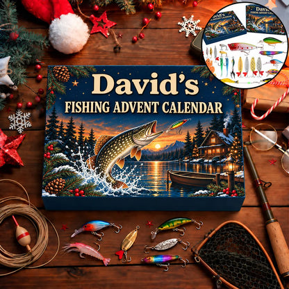 Sunset Fishing Advent Calendar, Personalized Leaping Fish on a Navy Winter Lake, Unique Christmas Gift for Anglers