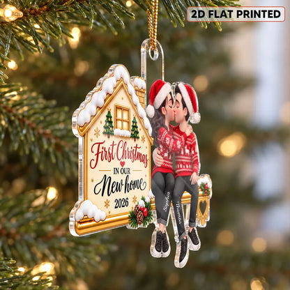 First Christmas Acrylic Ornament, Personalized Kissing Couple at Their New Home, Creative Romantic Gift