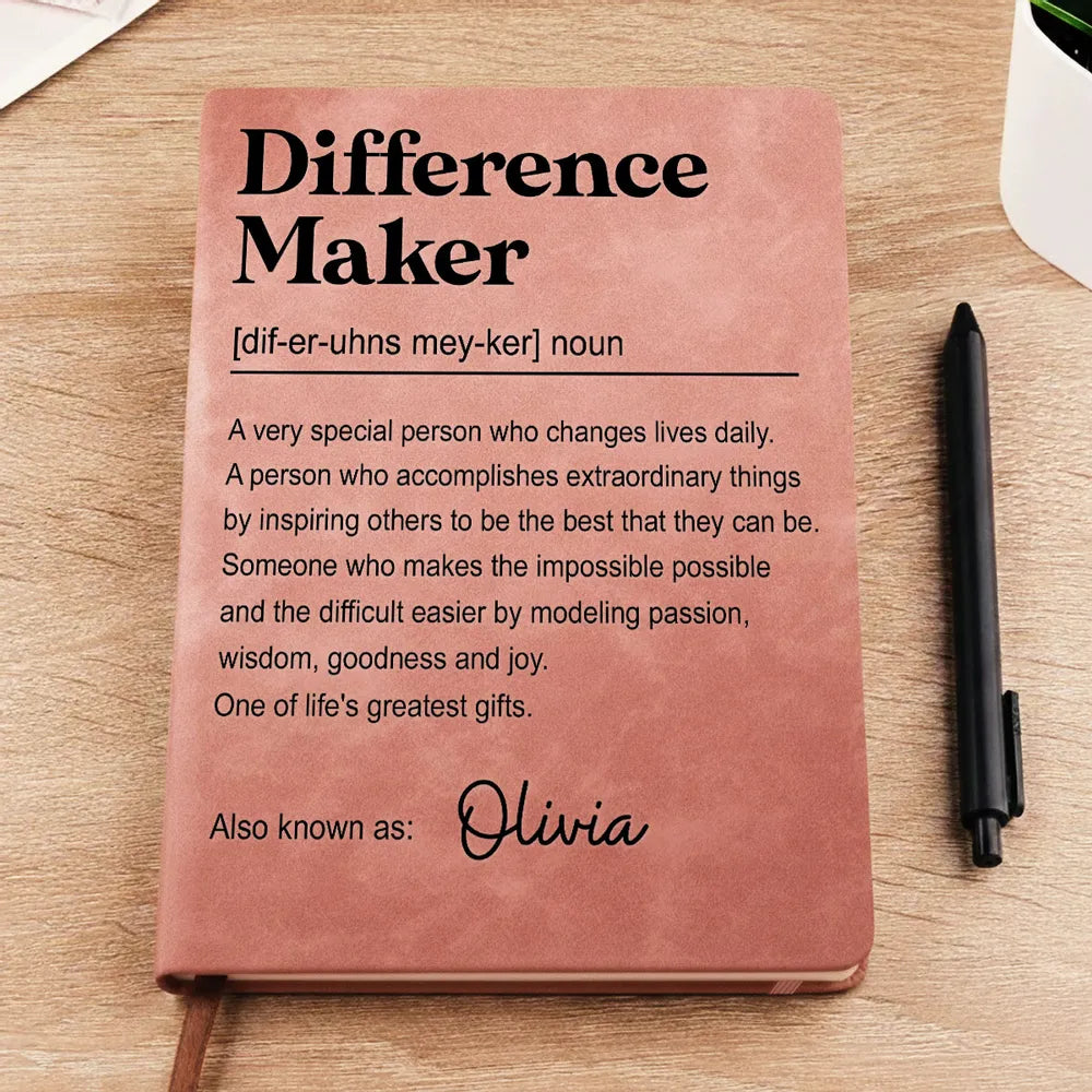 Personalized Leather Journal, Difference Maker Quote, Unique Gift for Teacher, Mentor or Coworker