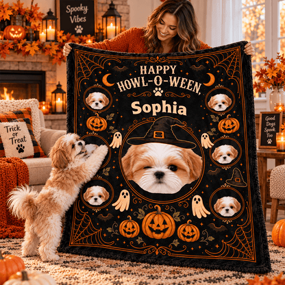 Personalized Halloween Pet Photo Blanket with Name, Witch Hat, Pumpkins & Ghosts, Spooky Cute Gift for Pet Lovers