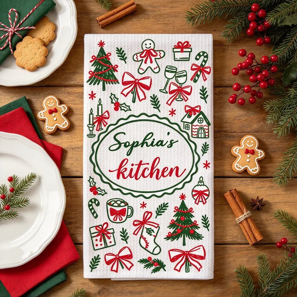 Personalized Red Christmas Kitchen Towel, Festive Baking Design, Unique Gift for Home Cooks