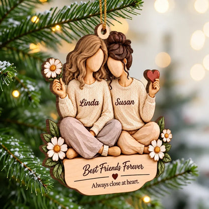 Best Friends Forever Personalized Wooden Ornament, Friends Sitting Close, Creative Heartfelt Gift for a Friend