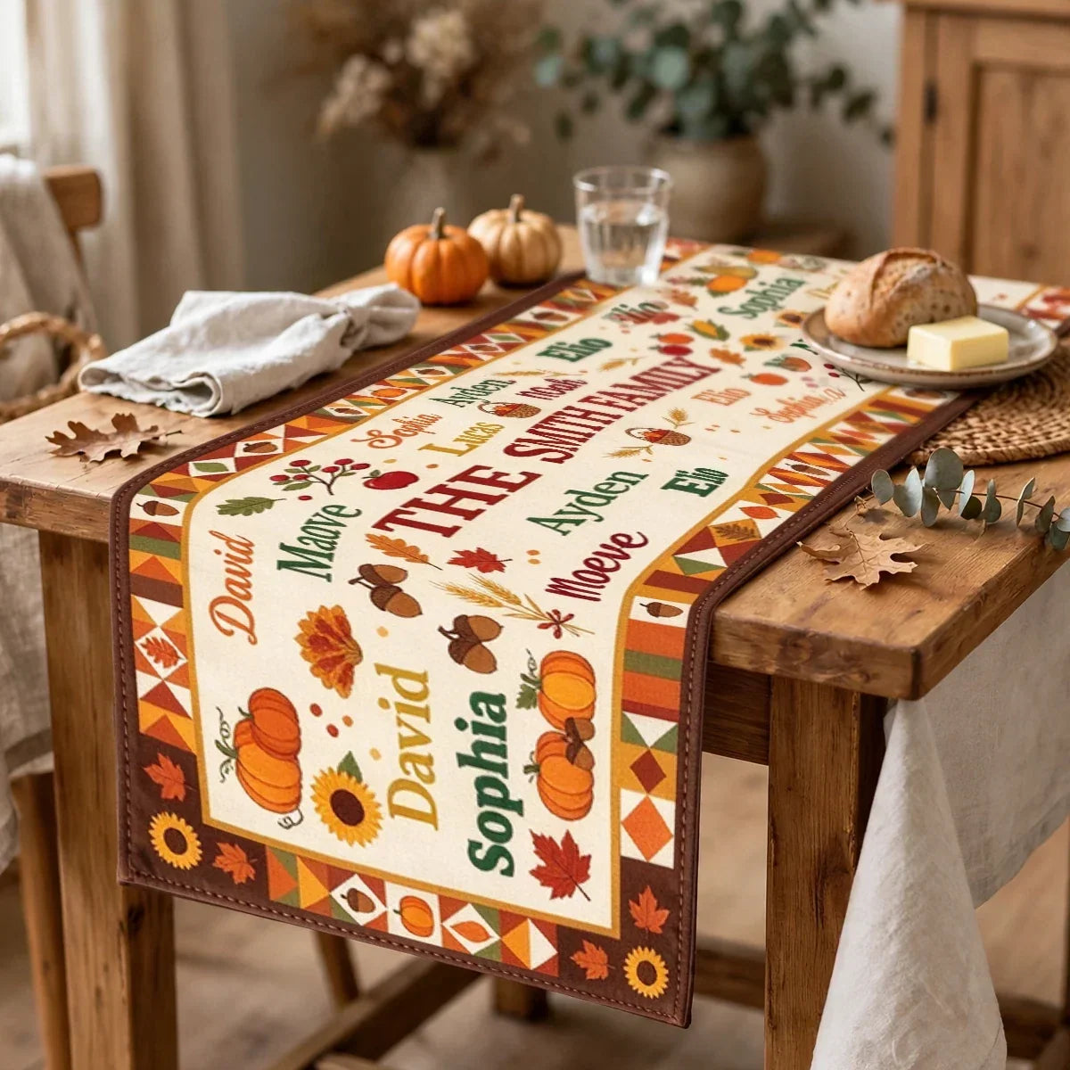 Personalized Fall Pumpkin Sunflower Family Table Runner