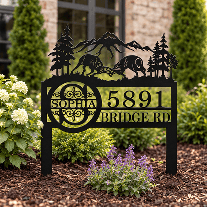 Personalized Metal Garden Stake with Deer & Mountain Silhouette, Custom Address Sign, Rustic Outdoor Yard Decor, Housewarming Gift