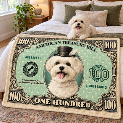 Funny Pet 100 Dollar Bill Throw Blanket | Cat Dog US Dollar Themed Soft Blanket