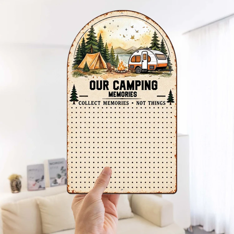 Personalized Shaped Metal Sign, Our Camping Memories with Camper and Campfire, Creative Gift for Couples