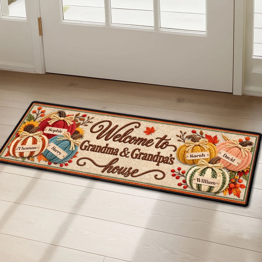 Custom Family Name Rug, Housewarming Birthday Gift For Family Members • Pumpkins Welcome - Personalized Runner Rug