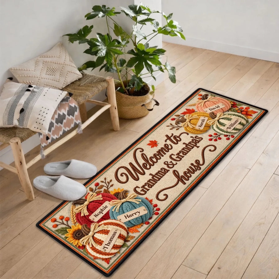 Custom Family Name Rug, Housewarming Birthday Gift For Family Members • Pumpkins Welcome - Personalized Runner Rug