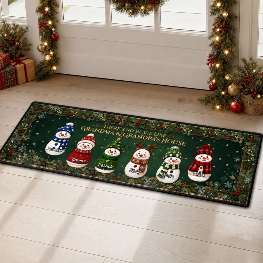 Custom Family Name Christmas Rug, Holiday Gift For Grandma Grandpa • Cozy Snowman Family - Personalized Runner Rug