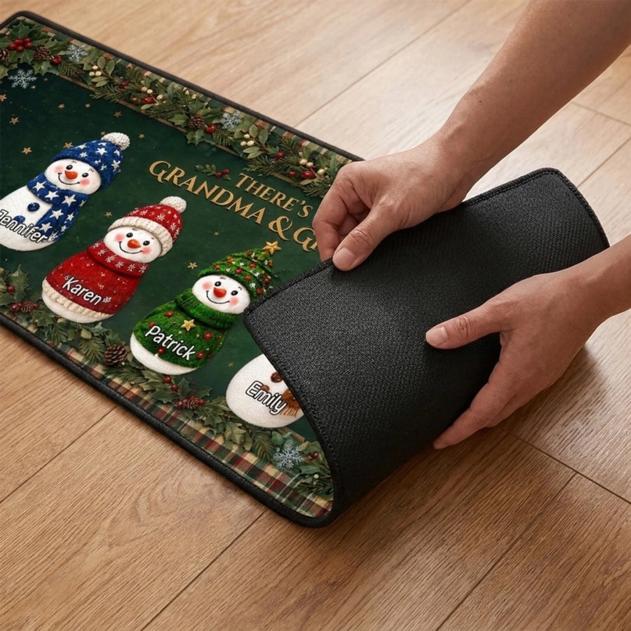 Custom Family Name Christmas Rug, Holiday Gift For Grandma Grandpa • Cozy Snowman Family - Personalized Runner Rug