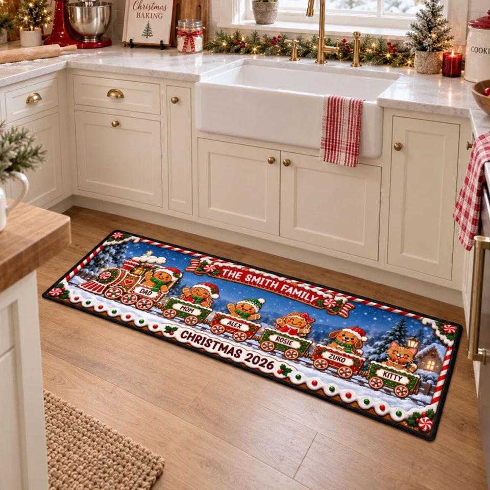 Personalized Gingerbread Family Train Runner Rug