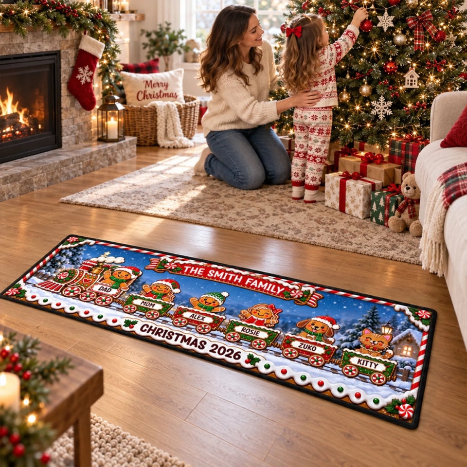 Personalized Gingerbread Family Train Runner Rug