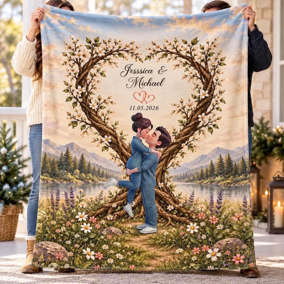Couple Kissing Under Heart Tree - Personalized Fleece Blanket - Heartfelt Anniversary Christmas Gift for Her, for Him