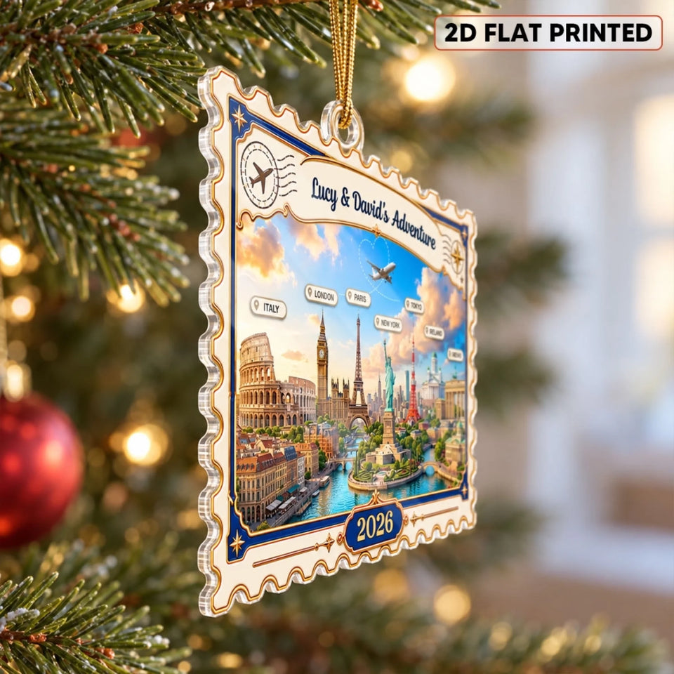 Travel Destinations Stamp 2D Flat Printed - Personalized Acrylic Ornament - Traveling Destination Keepsake, Christmas Gift For Traveling Lovers