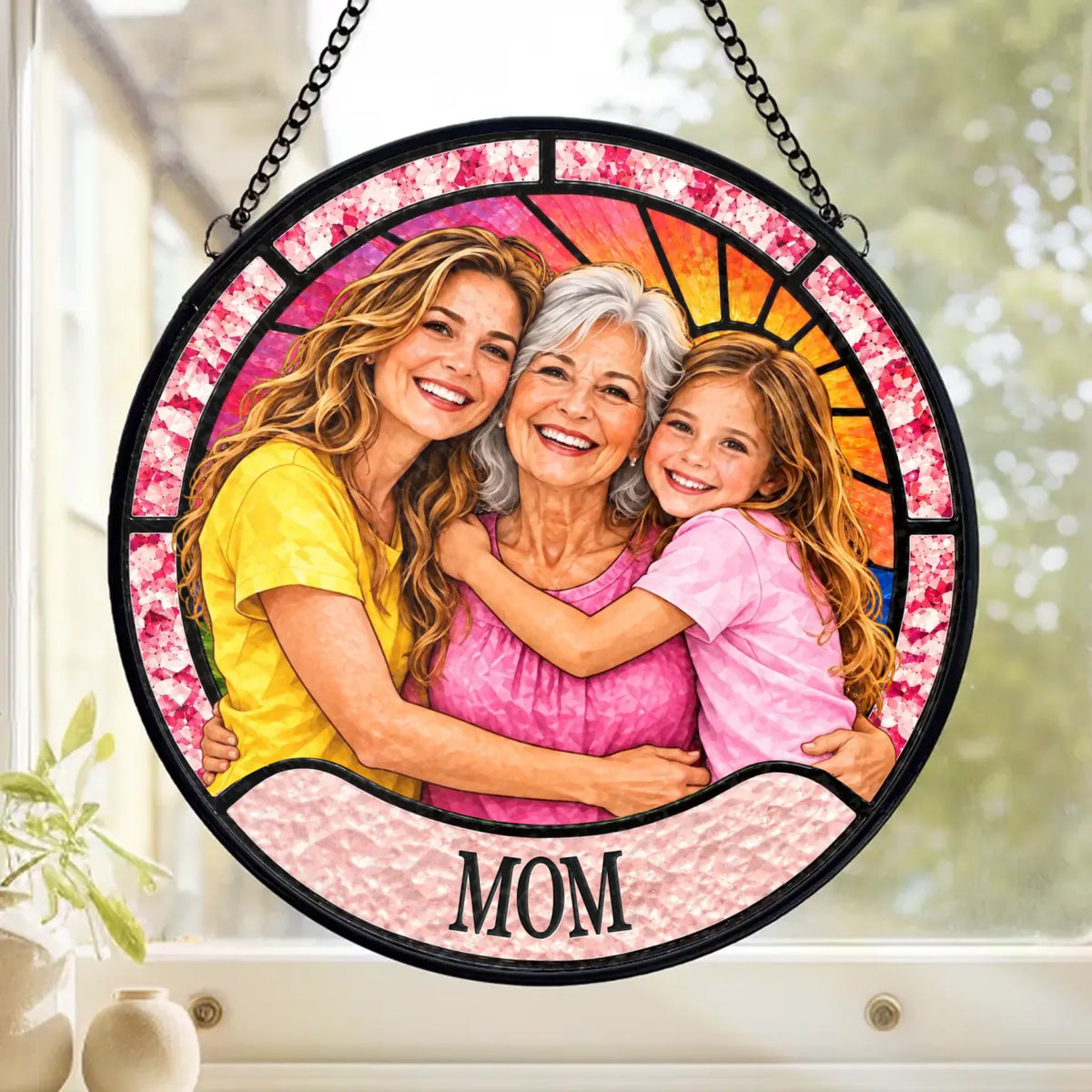 Custom Photo Generational Family Gifts For Mom, Grandma - Personalized Stained Glass Window Hanging Suncatcher
