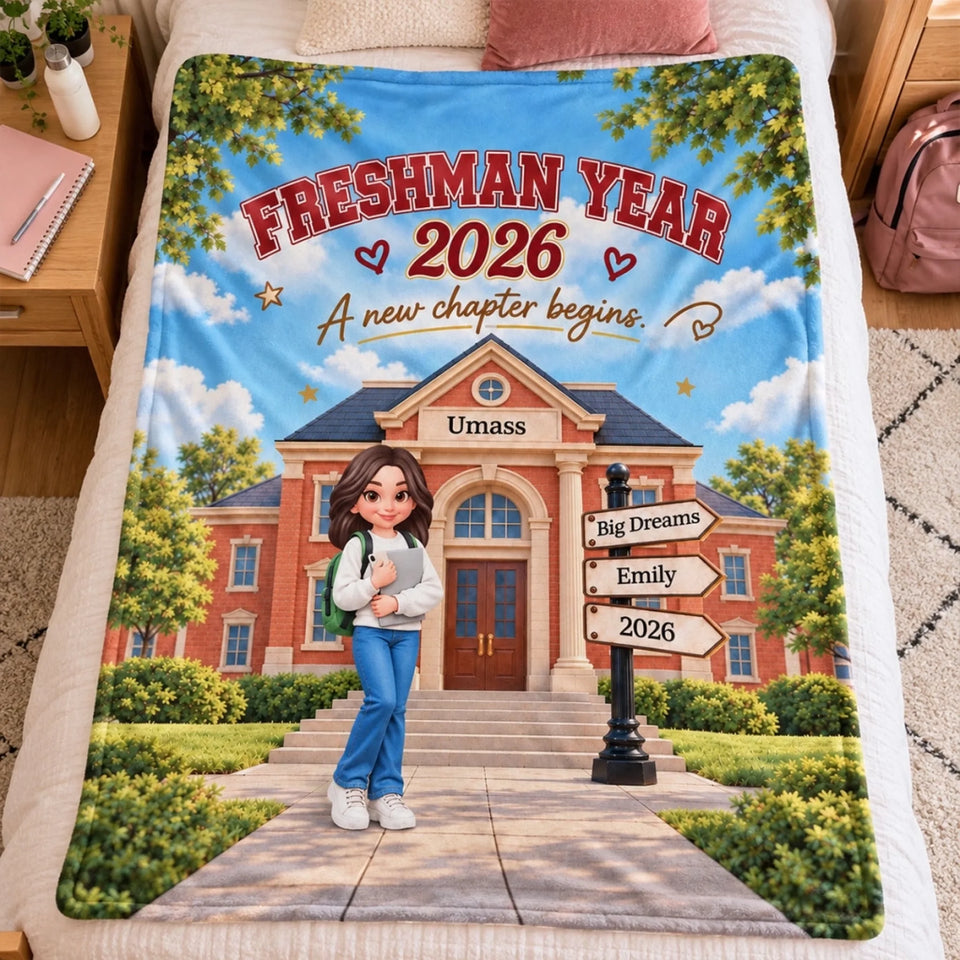 Freshman Year Campus A New Chapter Begins - Personalized Fleece Blanket - Christmas Gift, Back to School Gift for College Students