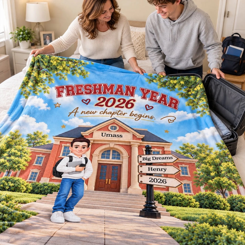 Freshman Year Campus A New Chapter Begins - Personalized Fleece Blanket - Christmas Gift, Back to School Gift for College Students