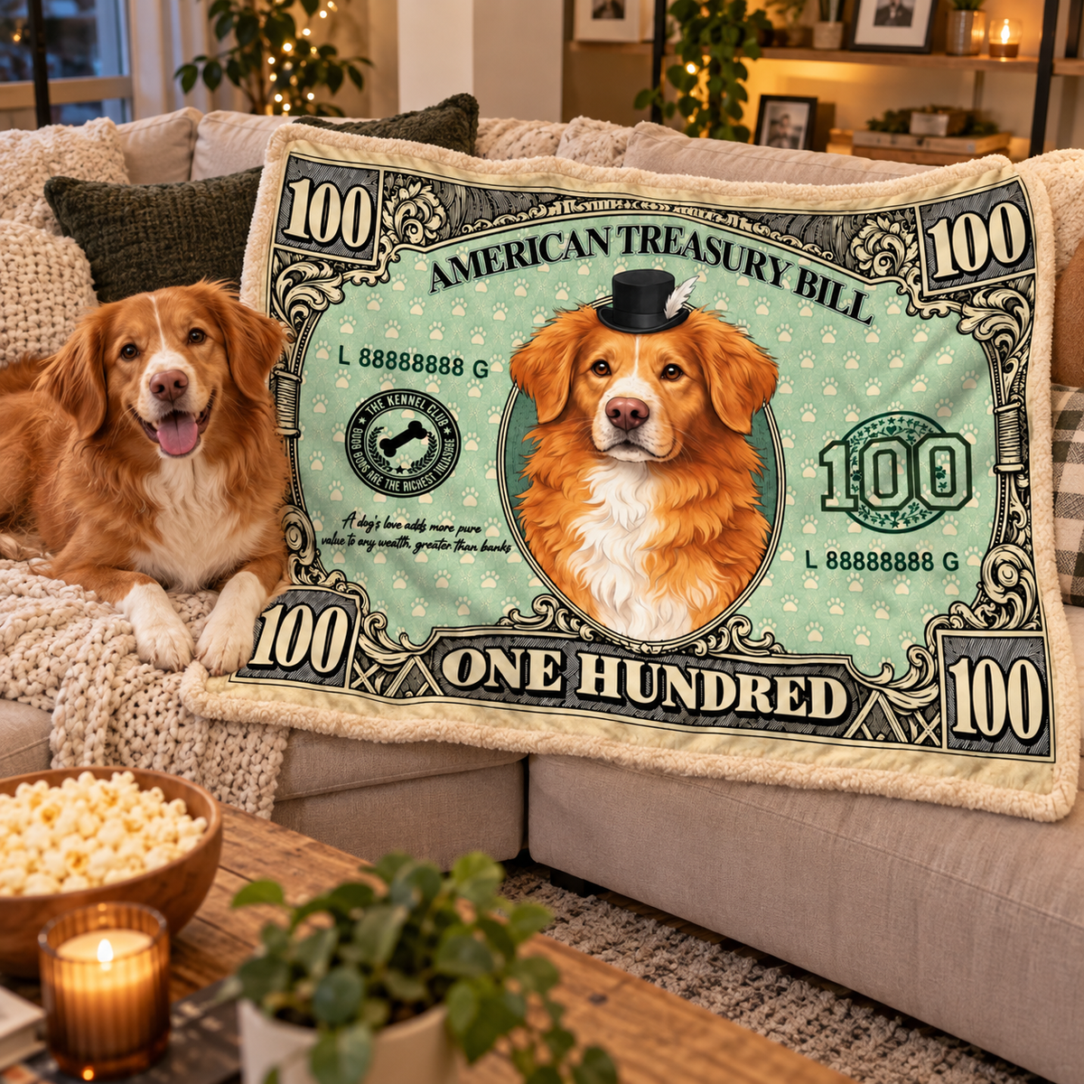Funny Pet 100 Dollar Bill Throw Blanket | Cat Dog US Dollar Themed Soft Blanket