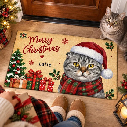 Personalized Watercolor Santa Dog Welcome Doormat