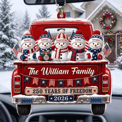 Personalized Acrylic Car Hanger, Snowman Family Riding in a Red Truck, Creative Keepsake Gift for Parents