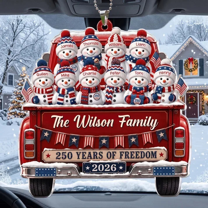 Personalized Acrylic Car Hanger, Snowman Family Riding in a Red Truck, Creative Keepsake Gift for Parents