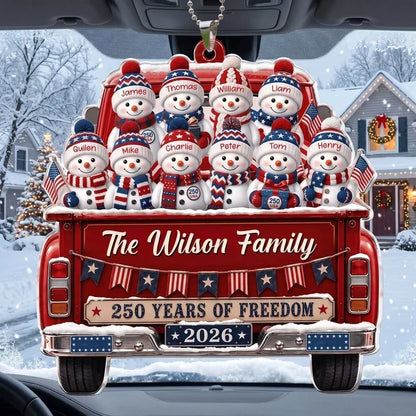 Personalized Acrylic Car Hanger, Snowman Family Riding in a Red Truck, Creative Keepsake Gift for Parents