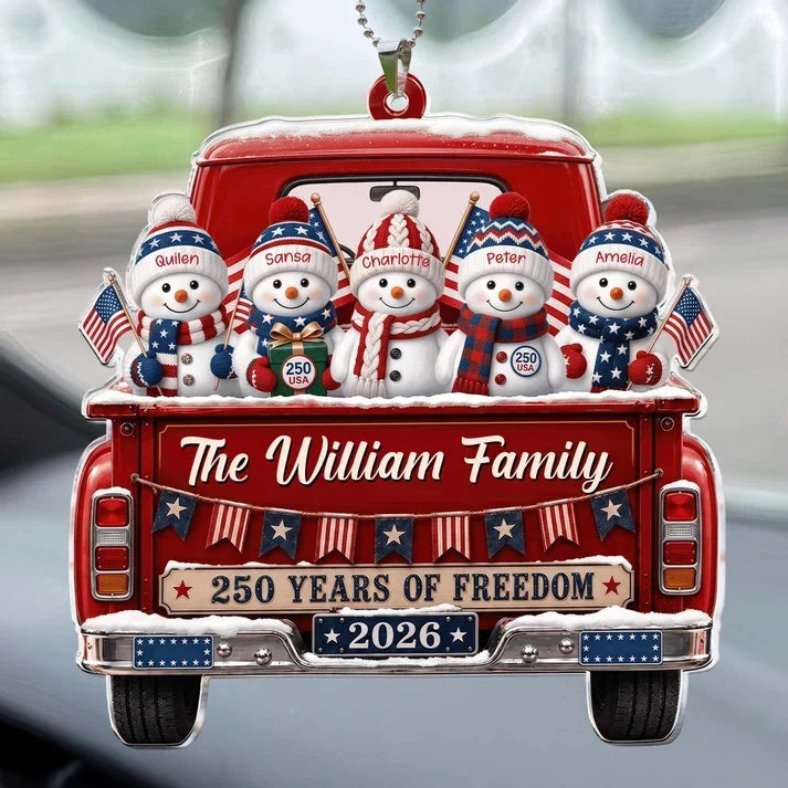 Personalized Acrylic Car Hanger, Snowman Family Riding in a Red Truck, Creative Keepsake Gift for Parents