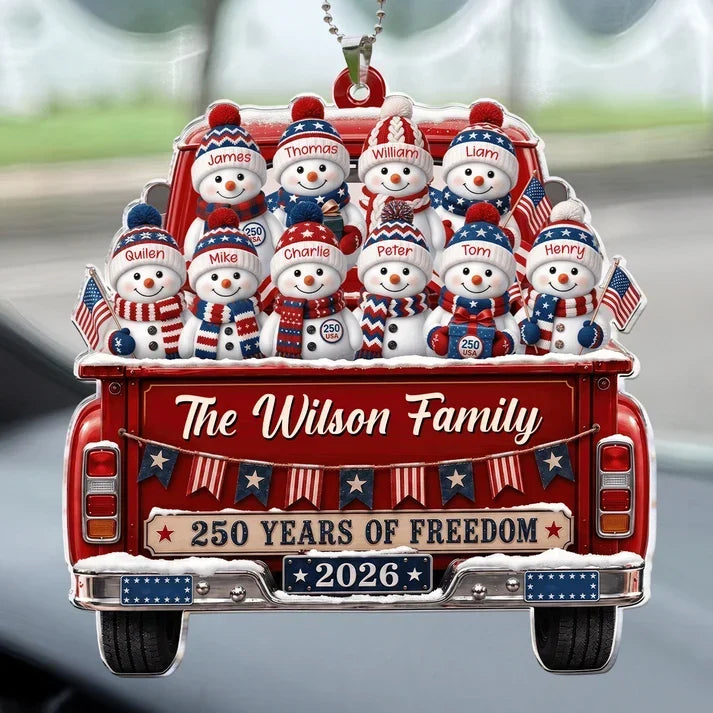 Personalized Acrylic Car Hanger, Snowman Family Riding in a Red Truck, Creative Keepsake Gift for Parents