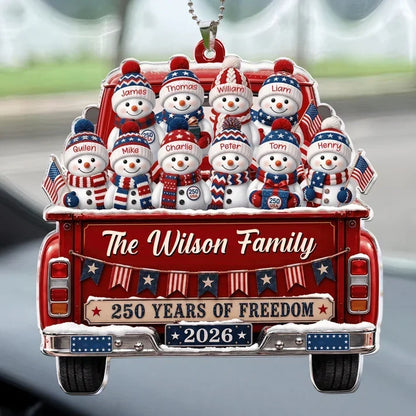 Personalized Acrylic Car Hanger, Snowman Family Riding in a Red Truck, Creative Keepsake Gift for Parents