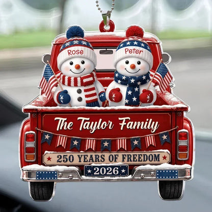 Personalized Acrylic Car Hanger, Snowman Family Riding in a Red Truck, Creative Keepsake Gift for Parents