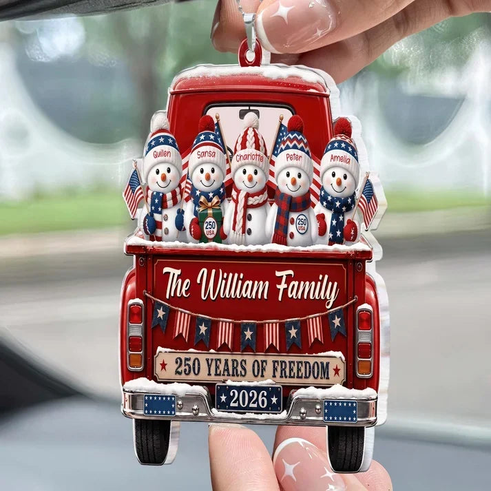 Personalized Acrylic Car Hanger, Snowman Family Riding in a Red Truck, Creative Keepsake Gift for Parents