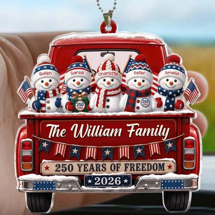 Personalized Acrylic Car Hanger, Snowman Family Riding in a Red Truck, Creative Keepsake Gift for Parents