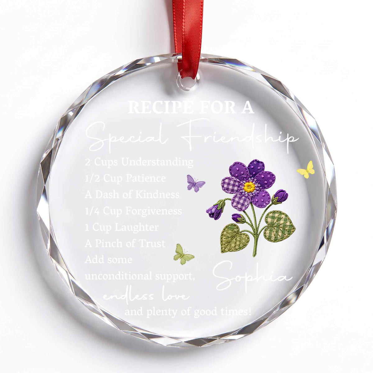 Personalized Special Friendship Purple Flower Glass Ornament