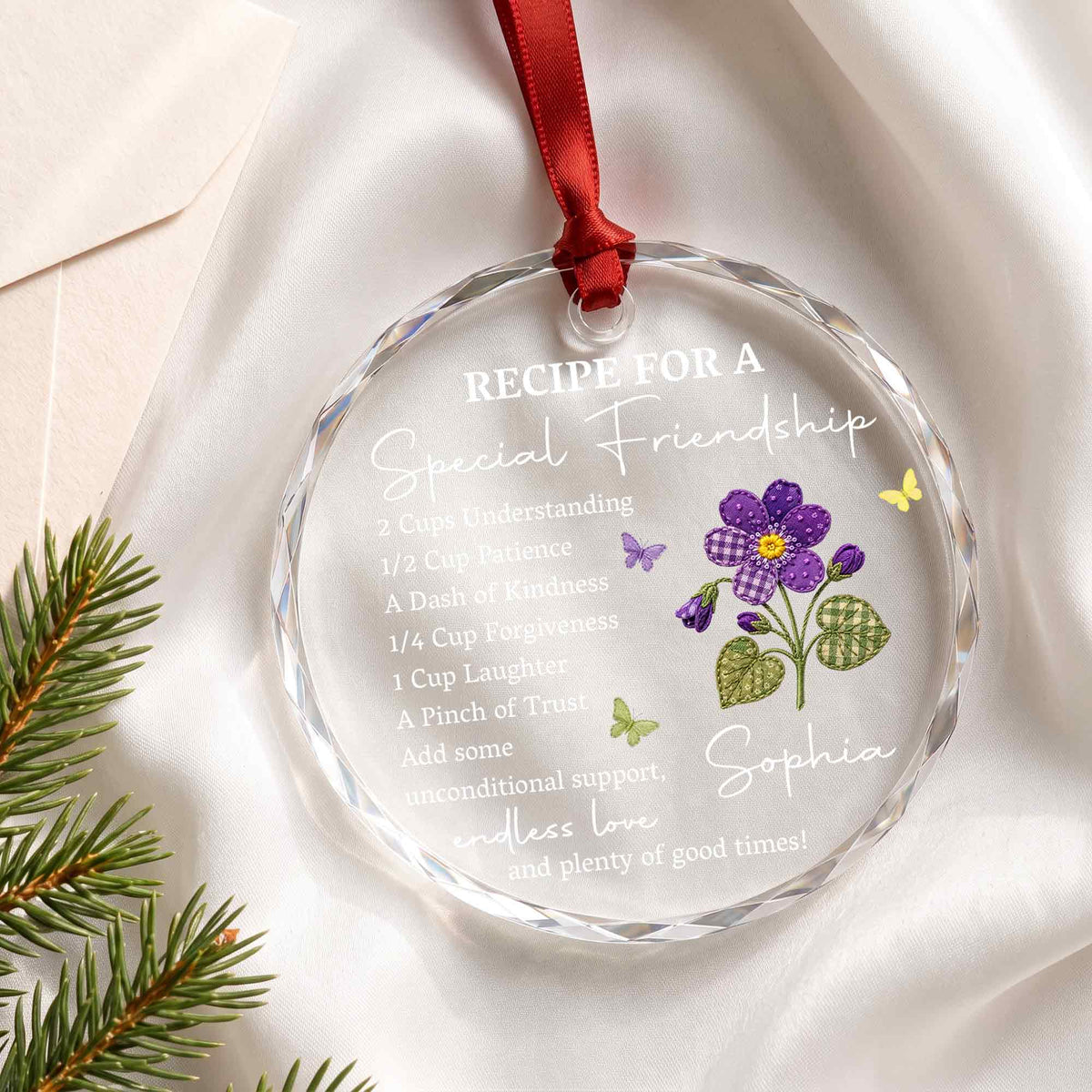 Personalized Special Friendship Purple Flower Glass Ornament