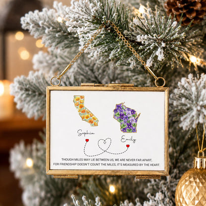 Though Miles May Lie Between Us, Floral State Maps Long Distance Friendship - Personalized Metal Frame Ornament - BST748_GOFRO