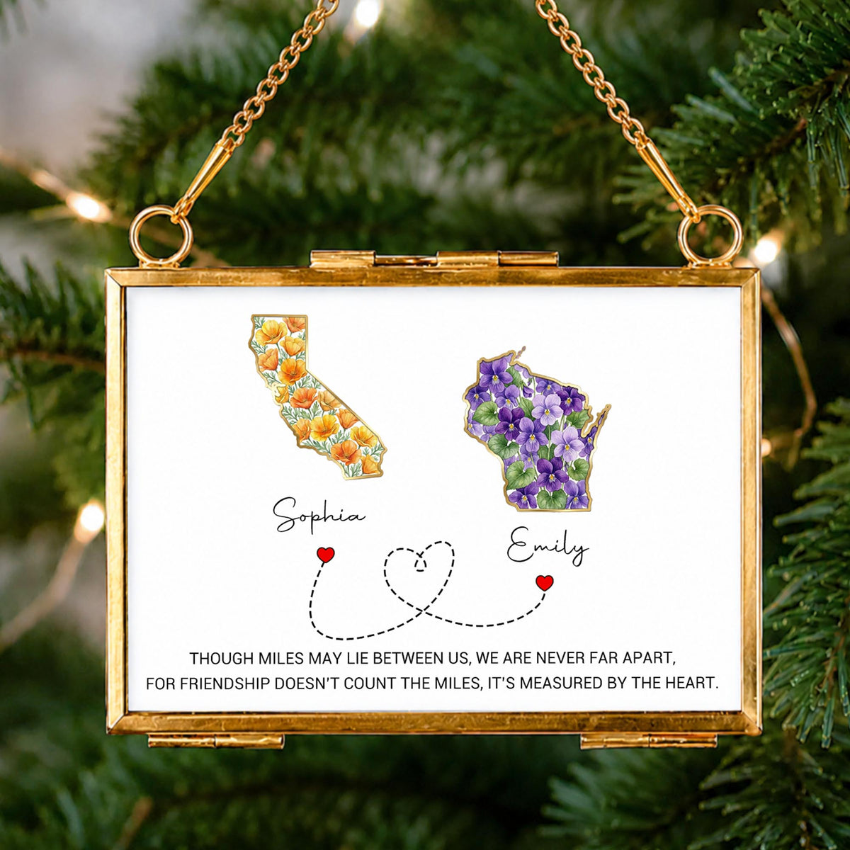 Though Miles May Lie Between Us, Floral State Maps Long Distance Friendship - Personalized Metal Frame Ornament - BST748_GOFRO