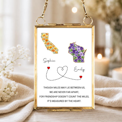 Though Miles May Lie Between Us, Floral State Maps Long Distance Friendship - Personalized Metal Frame Ornament - BST748_GOFRO
