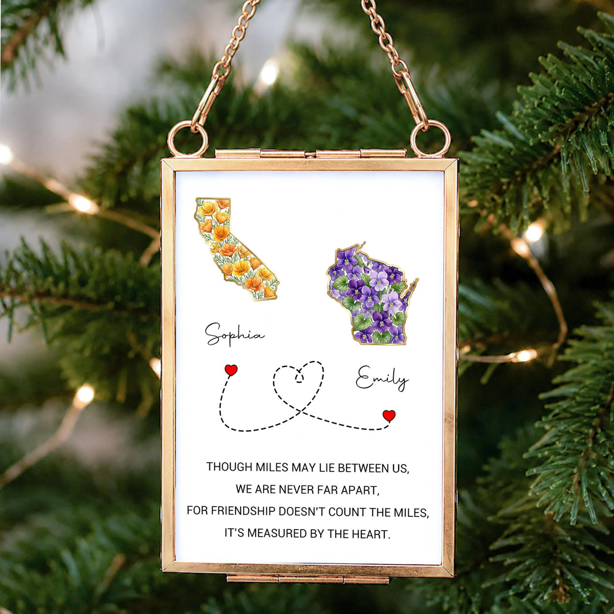 Though Miles May Lie Between Us, Floral State Maps Long Distance Friendship - Personalized Metal Frame Ornament - BST748_GOFRO