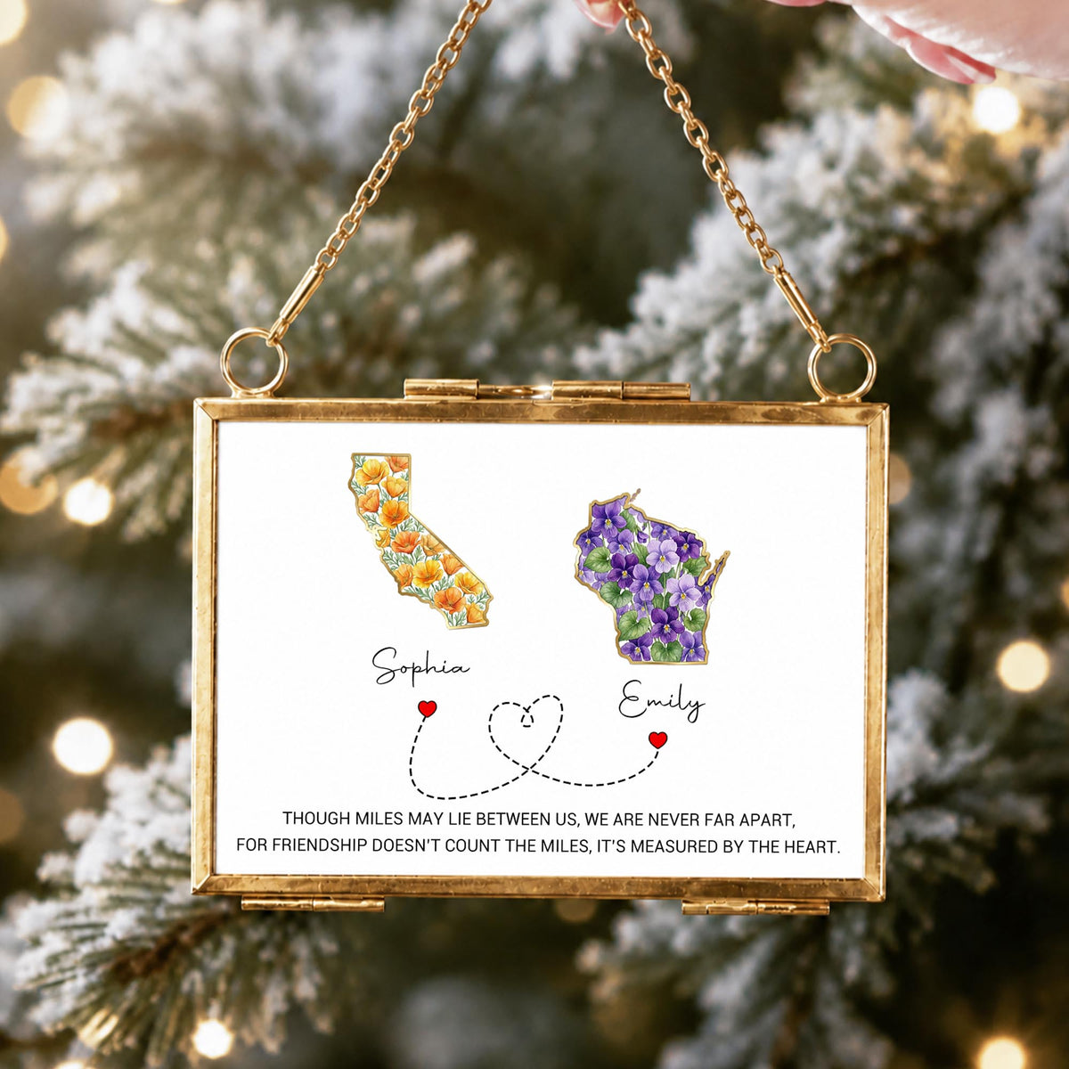 Though Miles May Lie Between Us, Floral State Maps Long Distance Friendship - Personalized Metal Frame Ornament - BST748_GOFRO