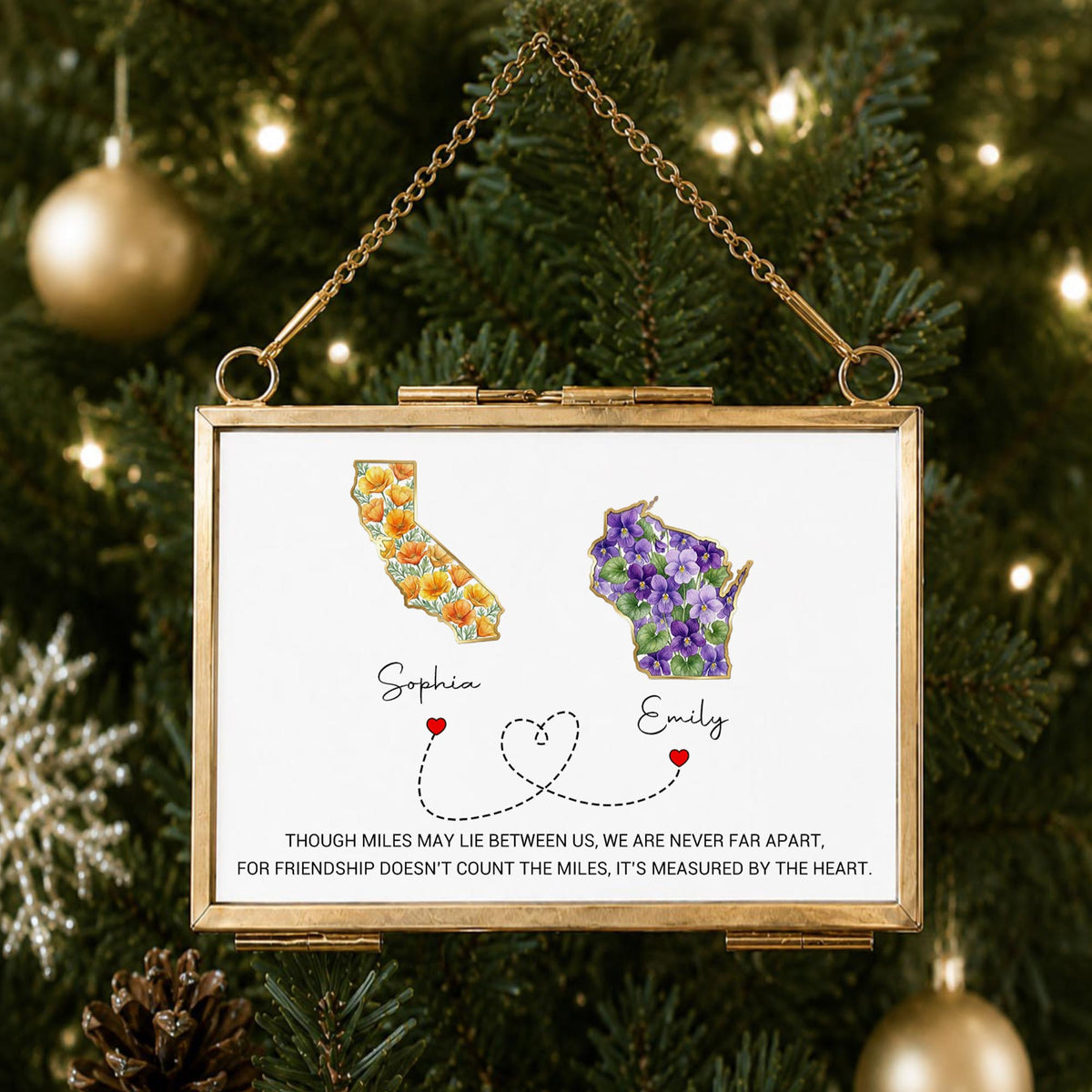Though Miles May Lie Between Us, Floral State Maps Long Distance Friendship - Personalized Metal Frame Ornament - BST748_GOFRO