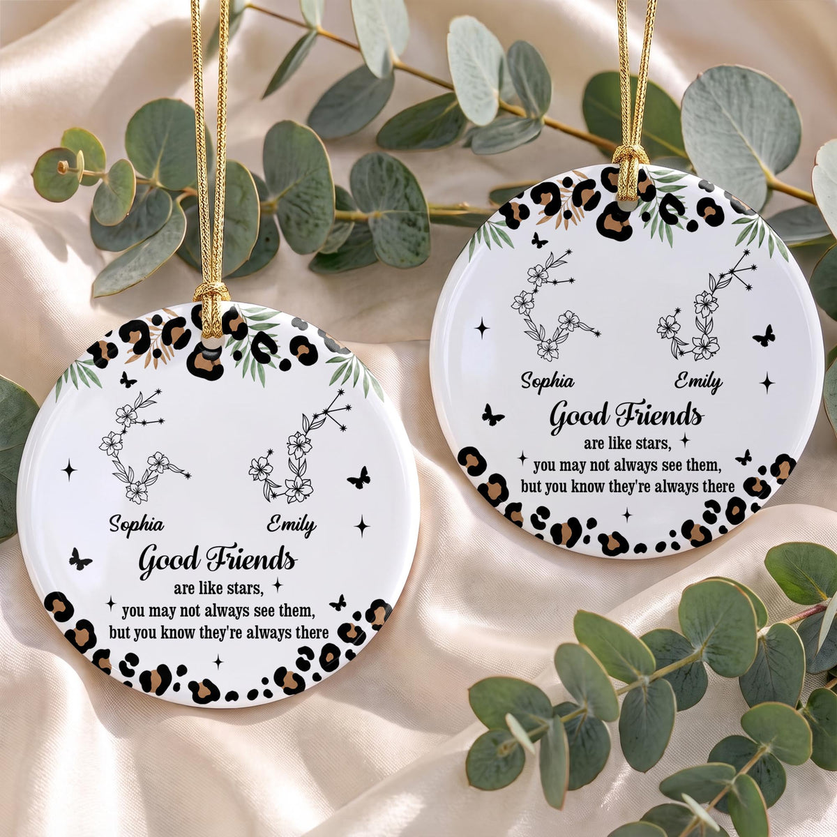 Good Friends Are Like Stars With Leopard Pattern And Zodiac Flowers - Personalized Custom Ceramic Ornament With Round Shape - BST914_RCE