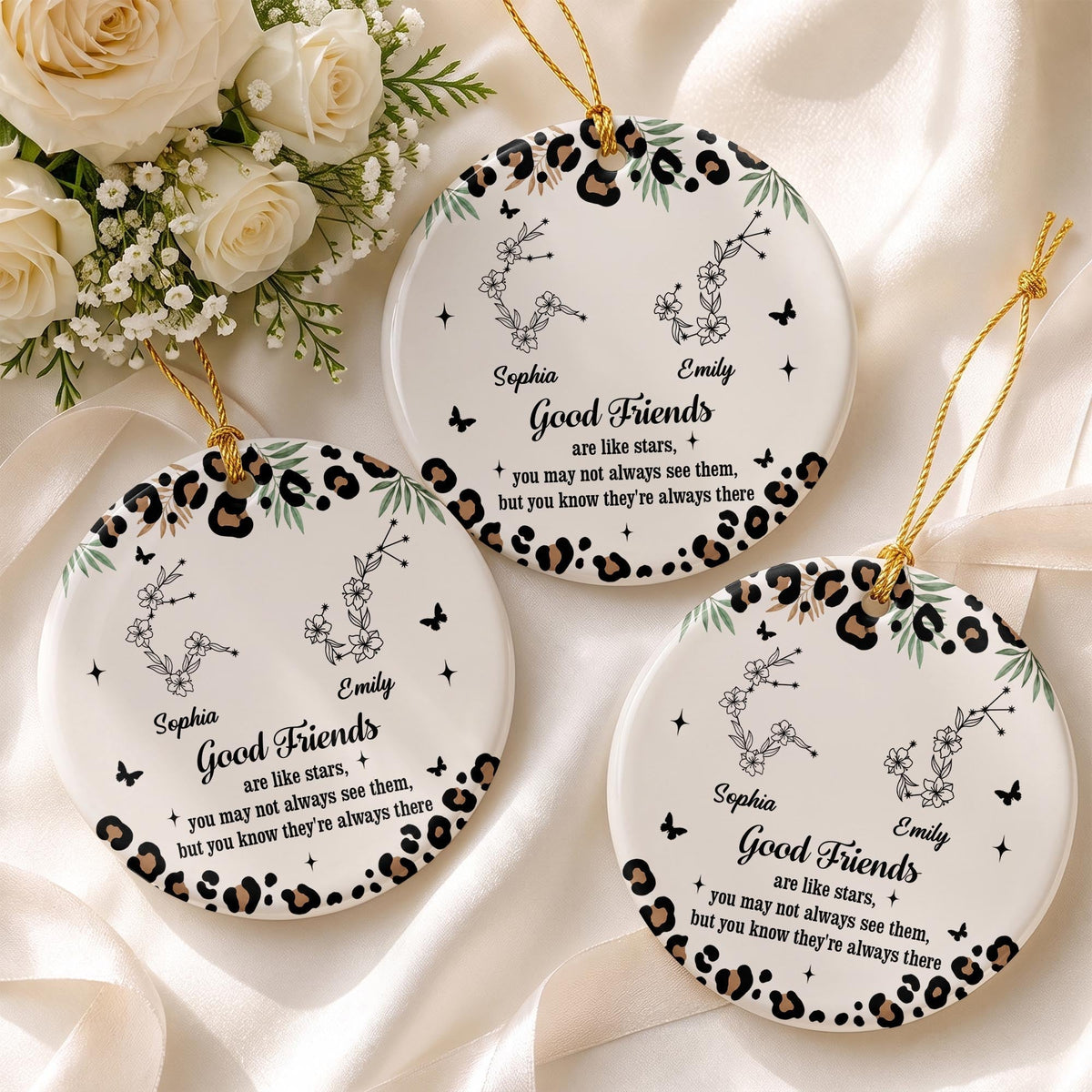 Good Friends Are Like Stars With Leopard Pattern And Zodiac Flowers - Personalized Custom Ceramic Ornament With Round Shape - BST914_RCE