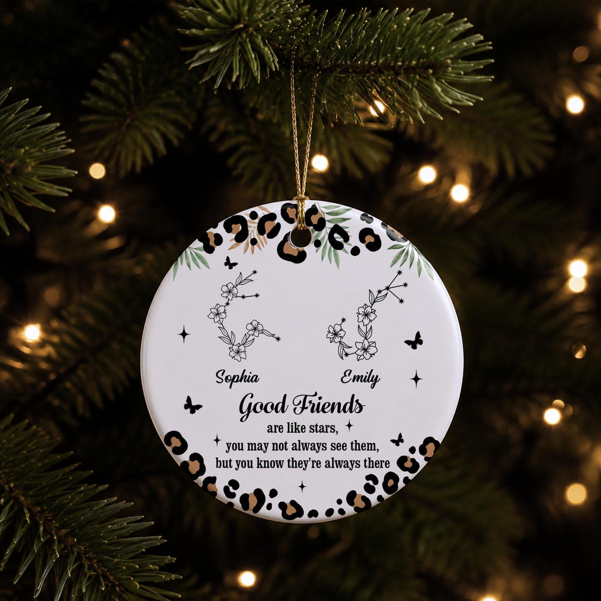 Good Friends Are Like Stars With Leopard Pattern And Zodiac Flowers - Personalized Custom Ceramic Ornament With Round Shape - BST914_RCE