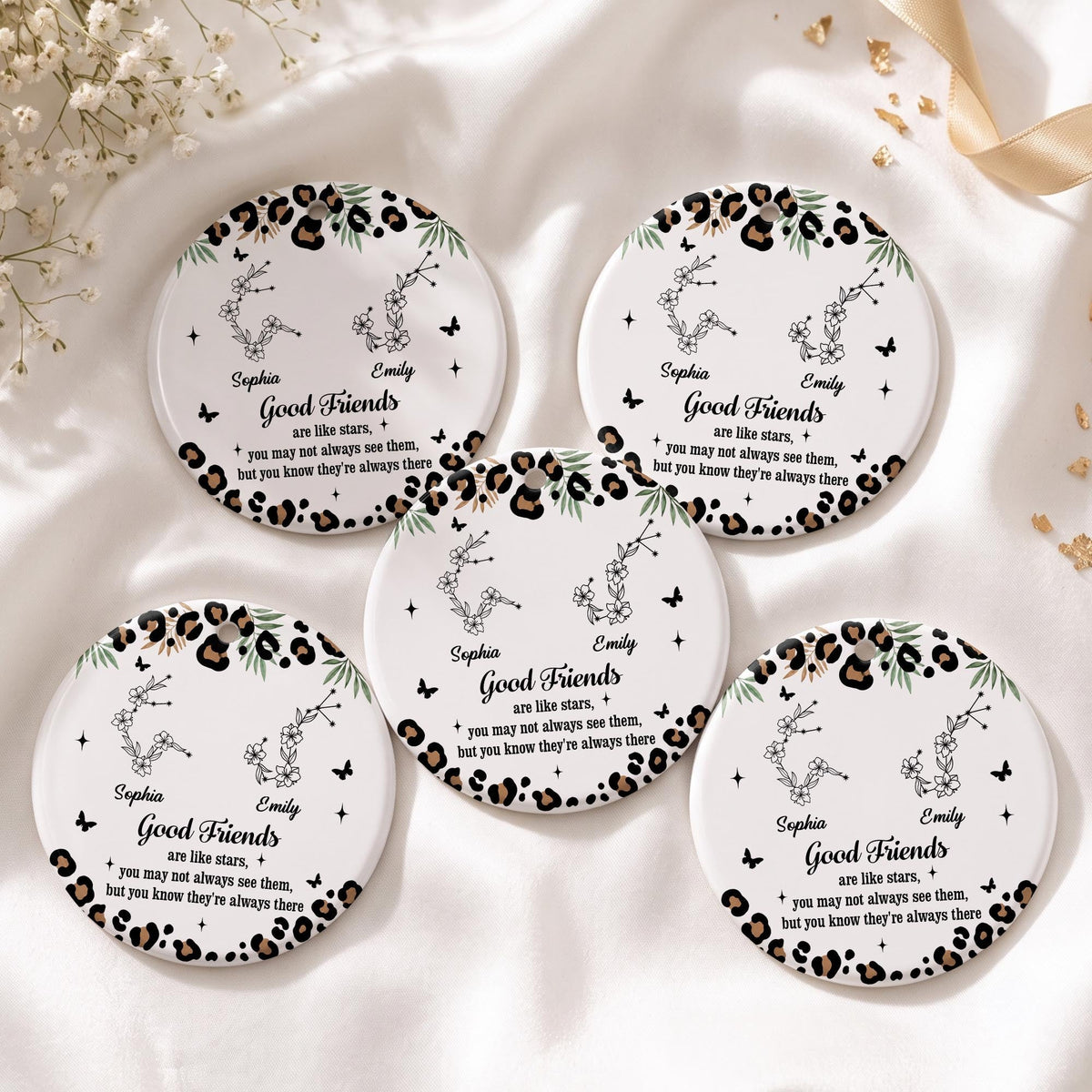 Good Friends Are Like Stars With Leopard Pattern And Zodiac Flowers - Personalized Custom Ceramic Ornament With Round Shape - BST914_RCE