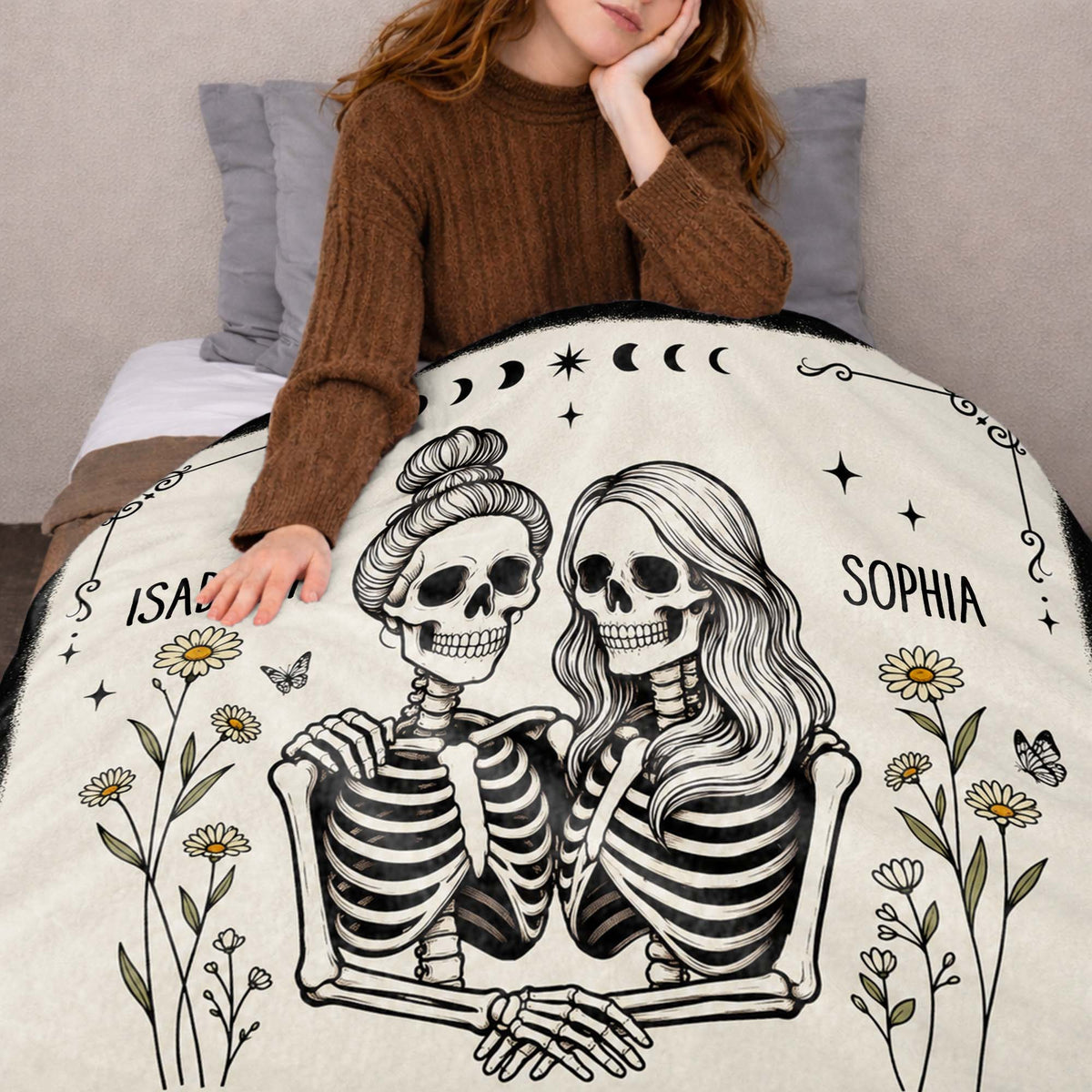I Hope We're Besties Until We Die Skeletons And Flowers - Personalized Custom Blanket - BST959_BLK