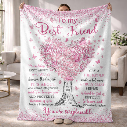 To My Best Friend Irreplaceable Pink Butterfly Heart Tree - Personalized Custom Blanket - BST965_BLK