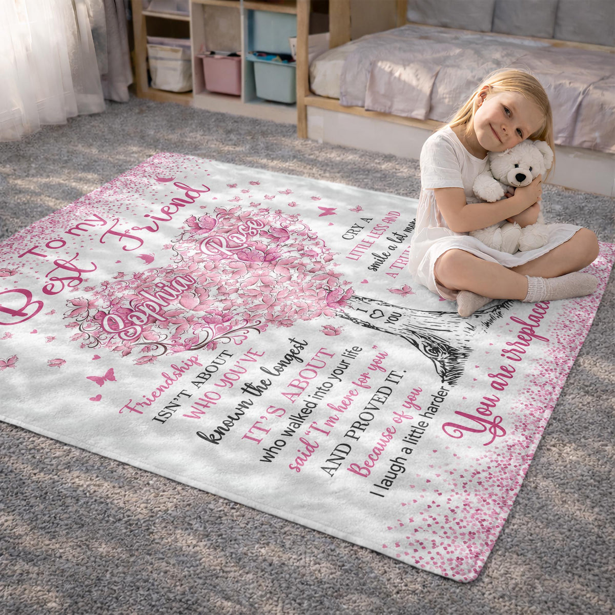 To My Best Friend Irreplaceable Pink Butterfly Heart Tree - Personalized Custom Blanket - BST965_BLK