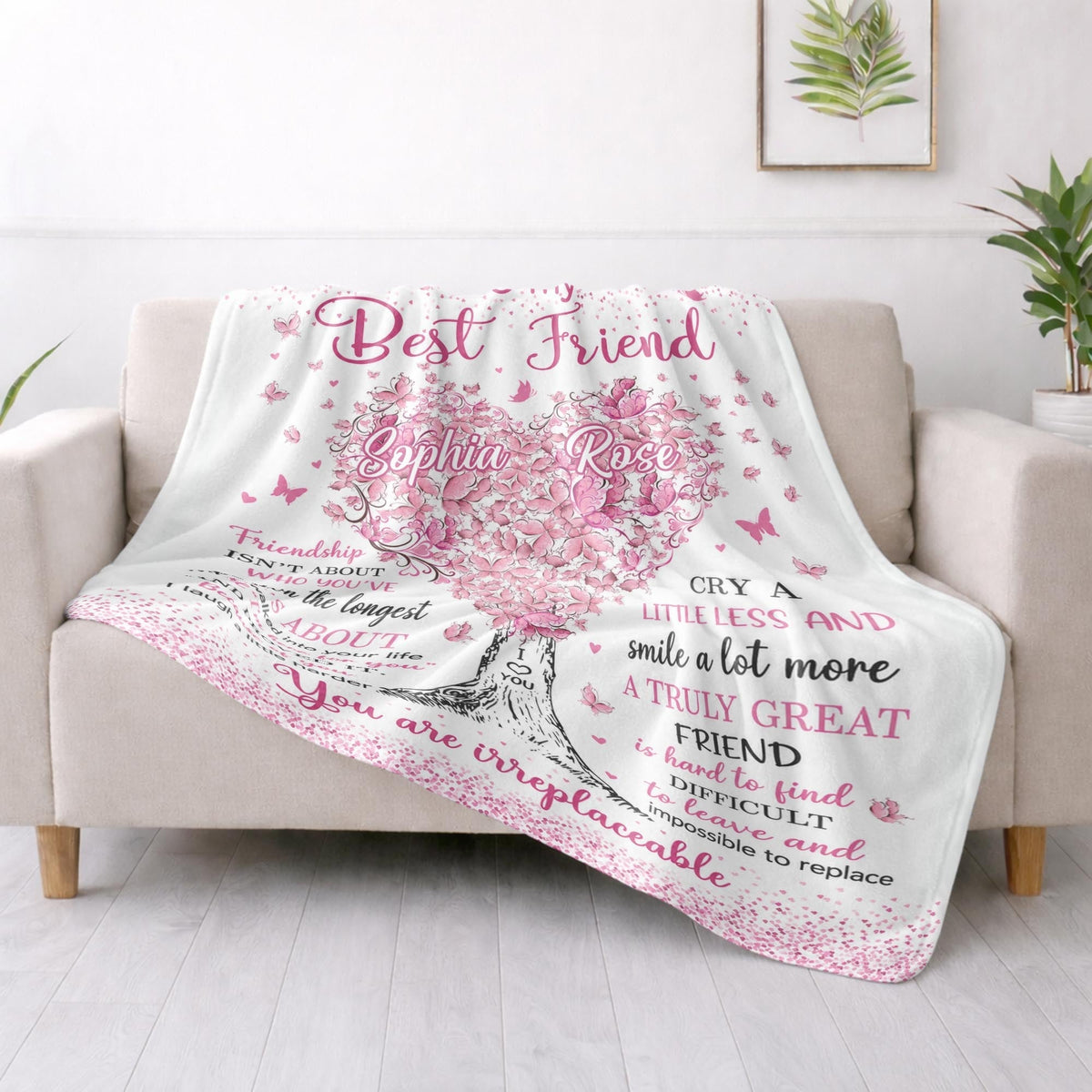 To My Best Friend Irreplaceable Pink Butterfly Heart Tree - Personalized Custom Blanket - BST965_BLK